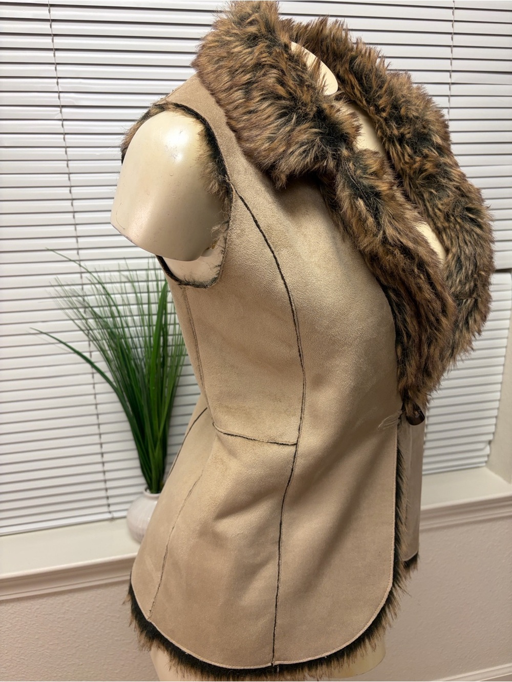 Faux Suede Vest with Faux Fur Collar